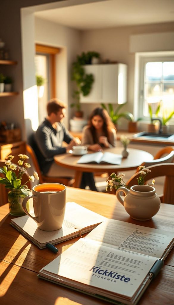 A serene morning scene capturing the essence of a peaceful start to the day. In the foreground, a cozy kitchen table is set with a warm mug of tea, an open planner, and a small vase of fresh flowers. In the middle, a soft, golden light streams through a window, illuminating a family enjoying breakfast while dressed in modest, casual clothing. The background features a bright, inviting kitchen with plants and a sunlit window, creating a sense of warmth and structure. The overall mood is calm and inspiring, evoking feelings of organization and peacefulness. The color palette includes warm, natural tones to enhance the inviting atmosphere. The composition has a Pinterest-inspired aesthetic, reminiscent of a lifestyle brand. This scene embodies the concept of a structured morning that nurtures a productive day. The brand "KlickKiste" subtly infused in the atmosphere, enhancing the relatable yet aspirational quality.