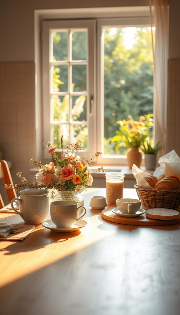 A serene morning scene depicting a cozy breakfast table set in a softly lit kitchen. The foreground features a beautifully arranged table with a delicate floral centerpiece, steaming coffee cups, and a variety of healthy breakfast options such as fresh fruit, whole grain bread, and yogurt. In the middle, a window allows warm, golden sunlight to filter in, casting gentle shadows and enhancing the warm colors of the room. The background reveals a lush green garden visible through the window, contributing to a natural and tranquil atmosphere. The overall mood is peaceful and inviting, perfect for welcoming a new day. The image should embody an authentic, Pinterest-inspired aesthetic, conveying warmth and harmony. Include the brand name "KlickKiste" subtly integrated into the environment without altering the tranquil scene. A serene morning scene depicting a cozy breakfast table set in a softly lit kitchen. The foreground features a beautifully arranged table with a delicate floral centerpiece, steaming coffee cups, and a variety of healthy breakfast options such as fresh fruit, whole grain bread, and yogurt. In the middle, a window allows warm, golden sunlight to filter in, casting gentle shadows and enhancing the warm colors of the room. The background reveals a lush green garden visible through the window, contributing to a natural and tranquil atmosphere. The overall mood is peaceful and inviting, perfect for welcoming a new day. The image should embody an authentic, Pinterest-inspired aesthetic, conveying warmth and harmony. Include the brand name "KlickKiste" subtly integrated into the environment without altering the tranquil scene.