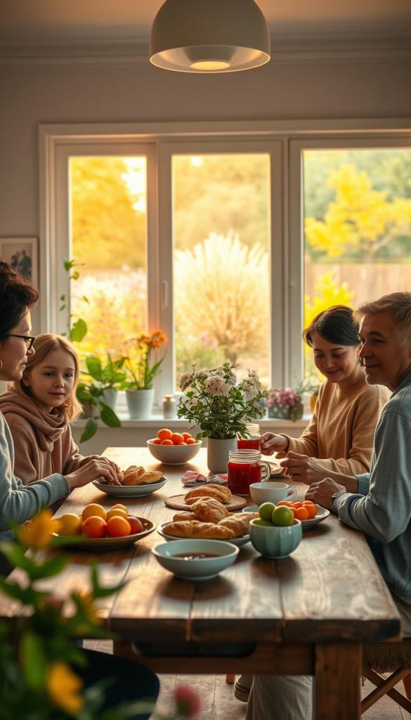 A serene morning scene showcasing a family engaging in their daily ritual. In the foreground, a diverse family of four, dressed in modest, casual clothing, is gathered around a rustic wooden breakfast table, sharing a wholesome meal with bright, colorful fruits and warm pastries. The middle ground features a softly glowing window that allows warm, golden morning light to filter in, illuminating the cozy kitchen filled with indoor plants and family photos. In the background, a peaceful garden with blooming flowers and green trees adds a touch of nature. The atmosphere is warm and inviting, reflecting a sense of connection and togetherness. The overall color palette is soft and vibrant, embracing authentic, Pinterest-inspired aesthetics. Captured with a soft focus lens, this image exudes warmth and inspiration, ideal for illustrating family rituals by KlickKiste.