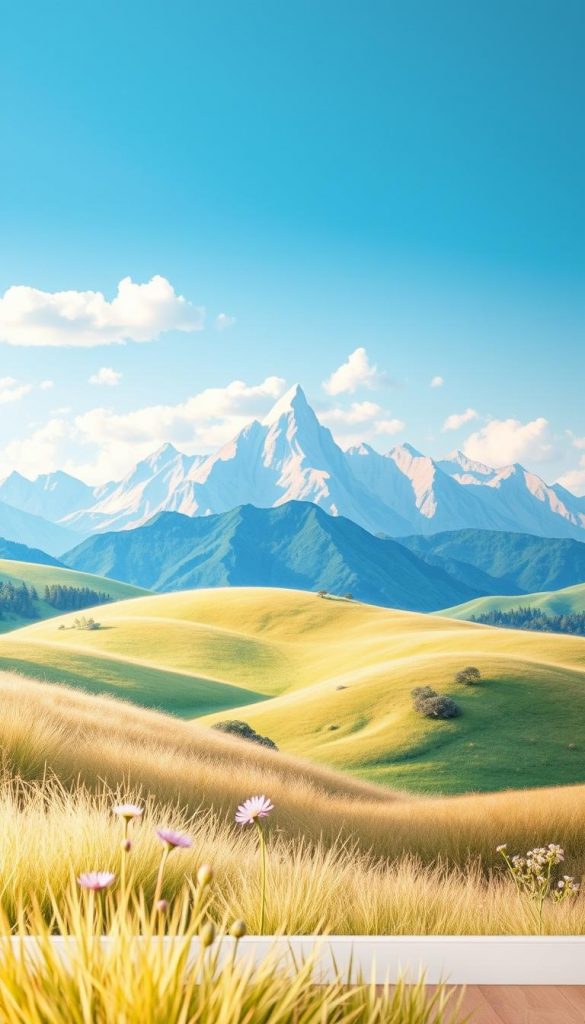A serene mountain landscape painting designed for a children's room wall, showcasing rolling hills and majestic peaks in warm, inviting colors. In the foreground, soft grasses and playful wildflowers gently sway, emphasizing an inviting, child-friendly atmosphere. The middle ground features a series of whimsical, stylized mountains, painted in cheerful pastels -- blues, pinks, and greens blending harmoniously. The background presents a clear blue sky, dotted with fluffy white clouds, allowing natural light to spill over the scene. This artwork evokes feelings of joy and imagination, perfect for a DIY children's room project. The overall composition should reflect a Pinterest-inspired aesthetic, with a touch of authenticity and inspiration. The brand "KlickKiste" should resonate through the color palette and artistic style.