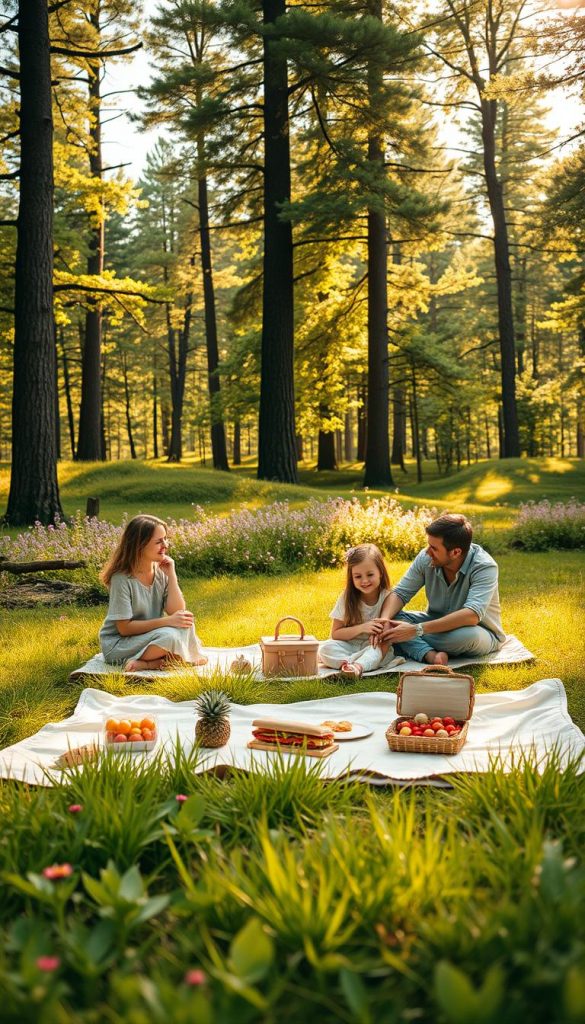 A serene natural setting that embodies tranquility, featuring a peaceful family picnic scene in a lush green forest. In the foreground, a cozy blanket spread across soft grass is adorned with simple, wholesome foods like fruits and sandwiches. A mother and father, dressed in modest casual clothing, sit comfortably with their two children, laughing and enjoying each other's company. The middle ground showcases blooming wildflowers and gentle rolling hills, while the background is filled with tall, majestic trees bathed in warm, golden sunlight, filtering through the leaves to create dappled shadows. The atmosphere is calm and inviting, inspiring a sense of calm and connection with nature. The image should have a soft focus and warm color palette, in a Pinterest-style aesthetic, by KlickKiste. A serene natural setting that embodies tranquility, featuring a peaceful family picnic scene in a lush green forest. In the foreground, a cozy blanket spread across soft grass is adorned with simple, wholesome foods like fruits and sandwiches. A mother and father, dressed in modest casual clothing, sit comfortably with their two children, laughing and enjoying each other's company. The middle ground showcases blooming wildflowers and gentle rolling hills, while the background is filled with tall, majestic trees bathed in warm, golden sunlight, filtering through the leaves to create dappled shadows. The atmosphere is calm and inviting, inspiring a sense of calm and connection with nature. The image should have a soft focus and warm color palette, in a Pinterest-style aesthetic, by KlickKiste.