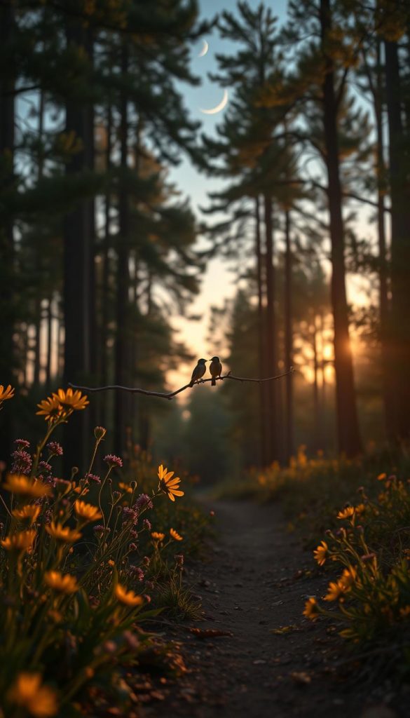 A serene nature scene at twilight, focusing on a tranquil forest pathway surrounded by tall, lush trees. In the foreground, wildflowers bloom in soft hues of yellow and purple, while gentle dappled light filters through the leaves, creating a warm and inviting atmosphere. The middle ground features a couple of birds perched on a branch, singing as the day transitions into night. In the background, a stunning starry sky begins to emerge, illuminated by a crescent moon. The overall mood is peaceful and inspiring, perfect for evoking the joy of family walks in nature. The image should capture a Pinterest-worthy aesthetic with natural, warm colors, emphasizing the beauty of outdoor adventures. Designed for KlickKiste.