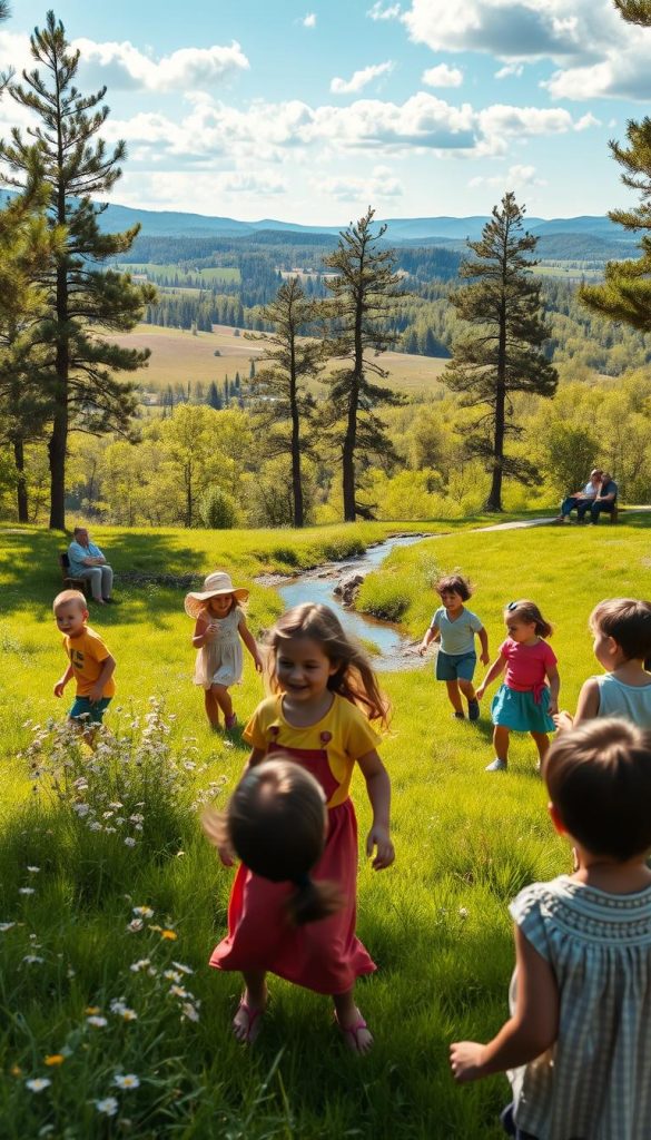 A serene nature scene showcasing a vibrant, sunlit forest with children playing joyfully on a lush green meadow. In the foreground, a diverse group of children, dressed in colorful but modest casual clothing, are engaged in a game of tag, their faces lighting up with laughter. The middle ground reveals a gently flowing stream bordered by wildflowers, while a few parents, in casual attire, observe from nearby benches under the shade of tall trees. In the background, a panoramic view of rolling hills and bright blue sky dotted with fluffy clouds enhances the idyllic setting. The image should reflect warm, inviting colors with a soft focus, reminiscent of a Pinterest aesthetic. This composition should feel alive, authentic, and inspiring, in line with the brand "KlickKiste".
