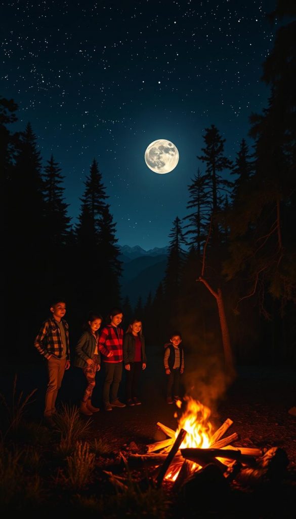 A serene night hike scene, showcasing a family exploring a moonlit forest. In the foreground, a diverse group of family members, dressed in modest casual clothing, are gathered around a crackling campfire, their faces illuminated by warm, flickering flames. In the middle ground, silhouettes of towering trees create an enchanting pathway, adorned with glimmering stars overhead. The background features a dark blue sky filled with numerous twinkling stars and hints of distant mountains. The atmosphere is peaceful and adventurous, evoking a sense of wonder and exploration. Use warm colors to enhance the inviting mood, with soft lighting to highlight the family's connection to nature. Add a Pinterest-inspired aesthetic to the overall image composition, while subtly incorporating the brand name "KlickKiste" through visual motifs.