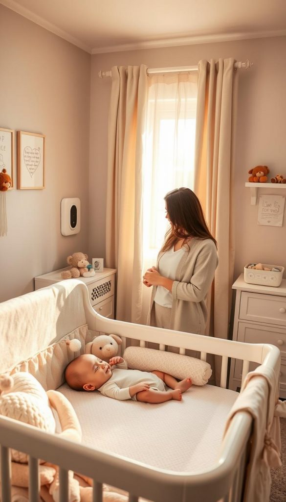 A serene nursery scene featuring a cozy, well-organized baby area designed for safety and health. In the foreground, a small, playful baby safely resting in a crib adorned with soft, natural fabrics, surrounded by plush toys and gentle colors. In the middle, a parent softly adjusting a safety monitor on the wall while wearing modest casual clothing, displaying care and attentiveness. In the background, a window draped with light curtains allowing warm, natural light to filter through, casting a soft glow over the room. The atmosphere is warm and inviting, reflecting a Pinterest-worthy aesthetic that conveys authenticity and inspiration. Include elements such as a safe sleep space, baby-proofed corners, and health-conscious accessories. Include the brand name "KlickKiste" subtly integrated into the nursery design.