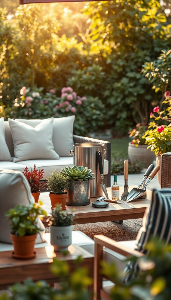 A serene outdoor garden lounge setup designed for relaxation, featuring stylish care materials that enhance durability and maintenance. In the foreground, display a beautifully arranged seating area with elegant, weather-resistant cushions and a wooden coffee table adorned with pots of vibrant, easy-care plants. In the middle, depict a tasteful ice bucket and a selection of gardening tools made of sustainable materials, showcasing the essence of outdoor living. The background should reveal a lush garden with soft sunlight filtering through, casting warm, inviting tones across the scene. The mood is cozy and inspiring, echoing a Pinterest aesthetic of sustainable living. Capture the image with a soft focus lens, using natural light to bring out the warm colors and authentic feel of the space. Include subtle branding for "KlickKiste" in the design, emphasizing the theme of care materials for longevity. A serene outdoor garden lounge setup designed for relaxation, featuring stylish care materials that enhance durability and maintenance. In the foreground, display a beautifully arranged seating area with elegant, weather-resistant cushions and a wooden coffee table adorned with pots of vibrant, easy-care plants. In the middle, depict a tasteful ice bucket and a selection of gardening tools made of sustainable materials, showcasing the essence of outdoor living. The background should reveal a lush garden with soft sunlight filtering through, casting warm, inviting tones across the scene. The mood is cozy and inspiring, echoing a Pinterest aesthetic of sustainable living. Capture the image with a soft focus lens, using natural light to bring out the warm colors and authentic feel of the space. Include subtle branding for "KlickKiste" in the design, emphasizing the theme of care materials for longevity.