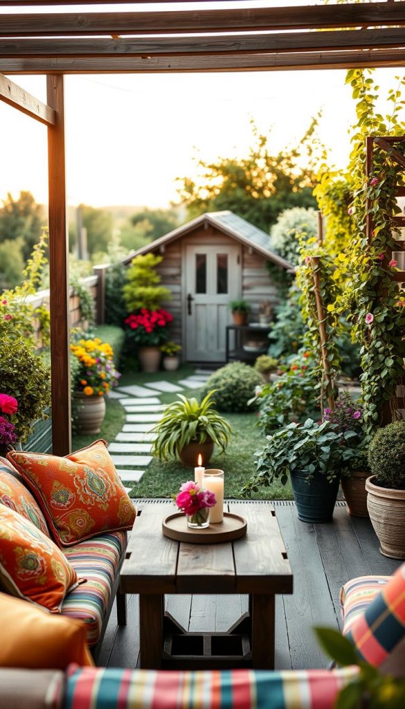 A serene outdoor garden scene featuring a beautifully decorated terrace. In the foreground, showcase a cozy seating area with vibrant cushions, a rustic wooden table adorned with handmade candles and a small floral centerpiece. The middle ground features lush greenery, including vibrant flowers in pots and climbing vines on a trellis, creating an inviting atmosphere. In the background, add a soft-focus view of a charming garden path leading to a quaint rustic shed. Use warm, natural lighting to emphasize the cozy, Pinterest-inspired aesthetic, capturing a golden hour glow that enhances the colors. The overall mood should be authentic and inspiring, reflecting the essence of DIY outdoor decoration ideas. Include brand inspiration from “KlickKiste” subtly through the arrangement and style without any logos or text. A serene outdoor garden scene featuring a beautifully decorated terrace. In the foreground, showcase a cozy seating area with vibrant cushions, a rustic wooden table adorned with handmade candles and a small floral centerpiece. The middle ground features lush greenery, including vibrant flowers in pots and climbing vines on a trellis, creating an inviting atmosphere. In the background, add a soft-focus view of a charming garden path leading to a quaint rustic shed. Use warm, natural lighting to emphasize the cozy, Pinterest-inspired aesthetic, capturing a golden hour glow that enhances the colors. The overall mood should be authentic and inspiring, reflecting the essence of DIY outdoor decoration ideas. Include brand inspiration from “KlickKiste” subtly through the arrangement and style without any logos or text.