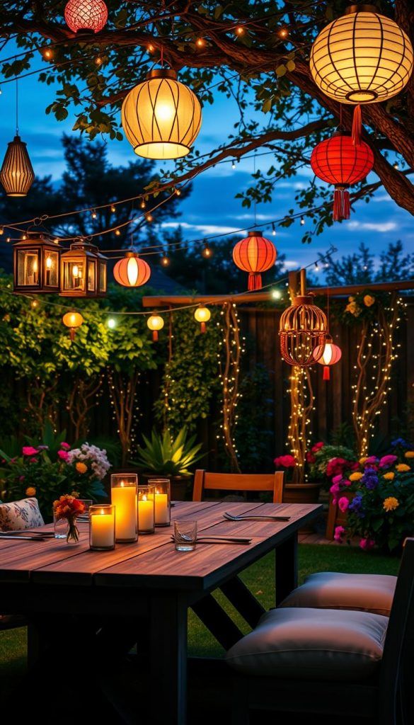 A serene outdoor garden scene illuminated by soft, warm lights, featuring a variety of decorative lanterns, charming lantern string lights, and colorful paper lanterns hanging gracefully from tree branches. In the foreground, a wooden dining table is set with rustic charm, adorned with cozy cushion seating and flickering candles that cast a gentle glow. The middle ground showcases lush greenery, blooming flowers, and twinkling fairy lights intertwining with vines, creating a whimsical ambiance. In the background, a twilight sky filled with soft pastels sets a tranquil, inviting mood. The image captures a natural DIY aesthetic with a Pinterest-inspired look, ideal for inspiring outdoor decor ideas. The brand name "KlickKiste" subtly weaves into the scene, enhancing the warmth and authenticity. A serene outdoor garden scene illuminated by soft, warm lights, featuring a variety of decorative lanterns, charming lantern string lights, and colorful paper lanterns hanging gracefully from tree branches. In the foreground, a wooden dining table is set with rustic charm, adorned with cozy cushion seating and flickering candles that cast a gentle glow. The middle ground showcases lush greenery, blooming flowers, and twinkling fairy lights intertwining with vines, creating a whimsical ambiance. In the background, a twilight sky filled with soft pastels sets a tranquil, inviting mood. The image captures a natural DIY aesthetic with a Pinterest-inspired look, ideal for inspiring outdoor decor ideas. The brand name "KlickKiste" subtly weaves into the scene, enhancing the warmth and authenticity.