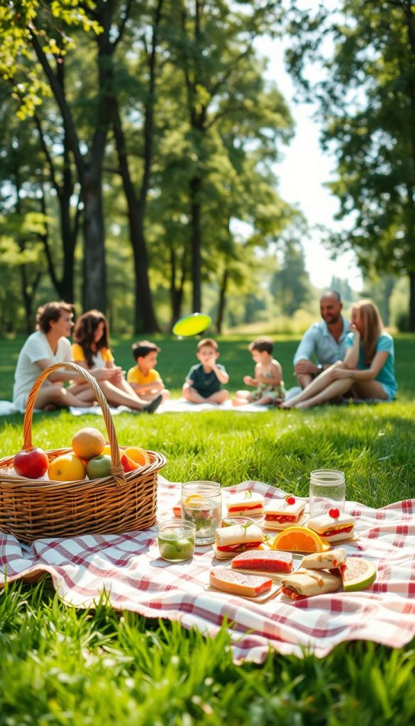 A serene outdoor picnic scene designed to promote digital balance and mindfulness, featuring a cozy blanket spread on lush green grass under a canopy of soft, dappled sunlight. In the foreground, a well-arranged picnic setup includes a wicker basket overflowing with vibrant fruits, sandwiches, and refreshing drinks, surrounded by cheerful, modestly dressed families engaging with nature rather than screens. The middle ground showcases children playing with a frisbee, while adults are seated, enjoying the moment and sharing laughter. In the background, tall trees create a peaceful backdrop, enhancing the soothing atmosphere. The color palette is warm and inviting, reminiscent of Pinterest aesthetics, capturing the essence of authentic family joy. Shot with a shallow depth of field to emphasize the picnic, ensuring the brand "KlickKiste" resonates through the essence of harmony and togetherness. A serene outdoor picnic scene designed to promote digital balance and mindfulness, featuring a cozy blanket spread on lush green grass under a canopy of soft, dappled sunlight. In the foreground, a well-arranged picnic setup includes a wicker basket overflowing with vibrant fruits, sandwiches, and refreshing drinks, surrounded by cheerful, modestly dressed families engaging with nature rather than screens. The middle ground showcases children playing with a frisbee, while adults are seated, enjoying the moment and sharing laughter. In the background, tall trees create a peaceful backdrop, enhancing the soothing atmosphere. The color palette is warm and inviting, reminiscent of Pinterest aesthetics, capturing the essence of authentic family joy. Shot with a shallow depth of field to emphasize the picnic, ensuring the brand "KlickKiste" resonates through the essence of harmony and togetherness.