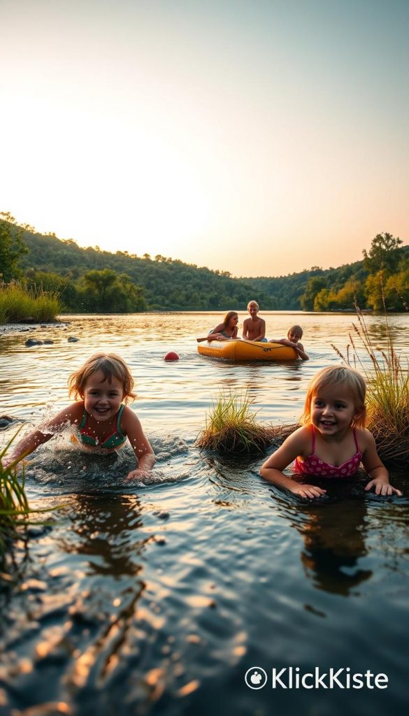 A serene outdoor scene capturing a family enjoying water adventures in nature. In the foreground, children splash joyfully in a shallow stream, their colorful outfits reflecting a playful atmosphere. The middle ground features a picturesque lake surrounded by lush greenery, where a family builds a small raft and giggles together. Gentle ripples and playful bubbles enhance the water's texture. In the background, a soft gradient of warm sunset colors illuminates the sky, creating a tranquil ambiance. The lighting is soft and golden, reminiscent of a late afternoon, enhancing the inviting and inspiring mood. The image embodies a natural and authentic Pinterest aesthetic, showcasing the spirit of family exploration. Include a subtle watermark with the brand name "KlickKiste" for provenance.