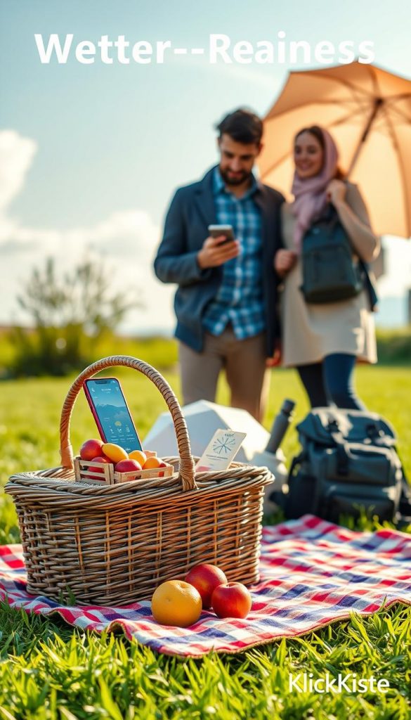 A serene outdoor scene depicting "Wetter-Readiness" for 2026, featuring a stylish picnic setup on a lush green lawn. In the foreground, a woven picnic basket filled with fresh fruits and artisanal snacks is placed on a vibrant checkered blanket. To the left, a couple in smart casual attire is inspecting a digital weather app on their smartphones, embodying a sense of preparedness. The middle ground showcases sustainable outdoor gear, such as eco-friendly umbrellas and weatherproof backpacks, emphasizing smart investments. In the background, a bright but softly diffused sunny sky blends with a hint of clouds, creating a warm and inviting atmosphere. The image is infused with natural, warm colors and a Pinterest-inspired aesthetic, reflecting authenticity and inspiration. A subtle watermark with the brand name "KlickKiste" is discreetly positioned in the corner.