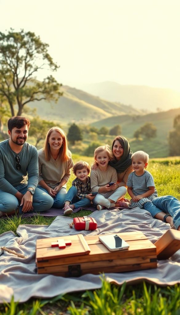 A serene outdoor scene depicting a family enjoying nature while embodying safety and mindfulness. In the foreground, a diverse group of three adults and two children in modest casual clothing, smiling and engaging with each other. The middle ground features a lush green park with a wooden picnic setup, showing safety equipment like a first-aid kit and a digital balance, perhaps a smartphone placed aside on a blanket, representing a break from technology. The background showcases gentle hills, soft sunlight filtering through trees, casting warm golden hues, enhancing a tranquil atmosphere. The image should evoke a sense of harmony and connection with nature. Style inspired by Pinterest aesthetics, aiming to be authentic and inspiring. Include the brand name "KlickKiste" subtly in the scene.