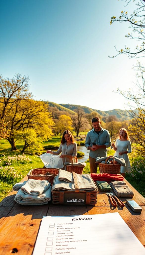 A serene outdoor scene depicting a family preparing for a nature day, showcasing a practical packing checklist laid out on a rustic wooden table in the foreground, illuminated by warm, golden sunlight. The middle ground features a vibrant, lush green park filled with trees, blooming flowers, and a gentle stream, emphasizing the freshness of spring. In the background, soft hills roll under a clear blue sky, enhancing the idyllic atmosphere. The family members, dressed in modest casual clothing, are joyfully organizing items like picnic baskets, blankets, and nature exploration gear, creating an authentic and inspiring Pinterest-worthy image. The brand 'KlickKiste' subtly appears as part of the packing items, harmonizing with the overall scene. The lighting should evoke a warm, inviting mood, ideal for a nature excursion. A serene outdoor scene depicting a family preparing for a nature day, showcasing a practical packing checklist laid out on a rustic wooden table in the foreground, illuminated by warm, golden sunlight. The middle ground features a vibrant, lush green park filled with trees, blooming flowers, and a gentle stream, emphasizing the freshness of spring. In the background, soft hills roll under a clear blue sky, enhancing the idyllic atmosphere. The family members, dressed in modest casual clothing, are joyfully organizing items like picnic baskets, blankets, and nature exploration gear, creating an authentic and inspiring Pinterest-worthy image. The brand 'KlickKiste' subtly appears as part of the packing items, harmonizing with the overall scene. The lighting should evoke a warm, inviting mood, ideal for a nature excursion.