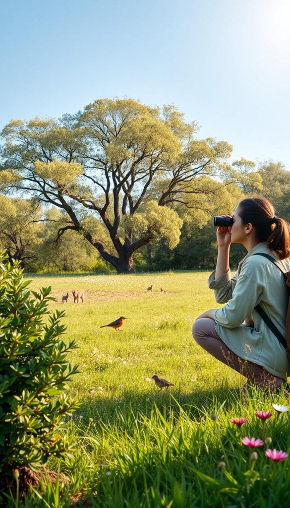 A serene outdoor scene depicting a family quietly observing wildlife and birds through binoculars. In the foreground, a mother and child, dressed in modest casual clothing, are crouched near a bush, captivated by the sight of a colorful bird perched nearby. In the middle ground, a lush green meadow dotted with wildflowers provides a rich habitat for various small animals. The background features gently swaying trees under a clear blue sky, with soft, warm sunlight filtering through the leaves, creating a peaceful, inviting atmosphere. The image evokes a sense of tranquility and connection with nature, designed in a natural style with warm colors, reflecting an authentic and inspiring moment for "KlickKiste."