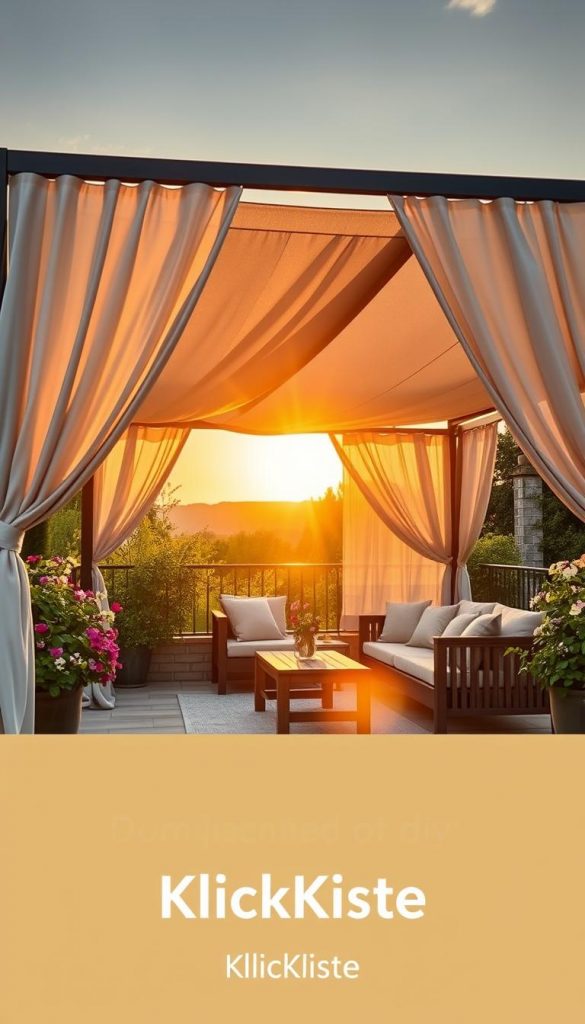 A serene outdoor scene featuring a stylish "sonnenschutz pavillon" in a beautiful terrace setting. In the foreground, the pavilion showcases soft, lightweight curtains gently swaying in the breeze, alongside a subtle rain tarp draped gracefully for protection. The midground captures cozy seating arrangements with elegant cushions, inviting relaxation. Surrounding the pavilion are lush green plants and blooming flowers, adding vibrancy. In the background, a warm golden sunset casts a picturesque glow over the scene, enhancing the inviting atmosphere. The photo is taken at a slightly elevated angle with a soft focus effect, evoking a sense of warmth and tranquility, perfect for summer evenings. The overall aesthetic embodies a natural, DIY charm, inspired by Pinterest vibes, showcasing the brand name "KlickKiste."