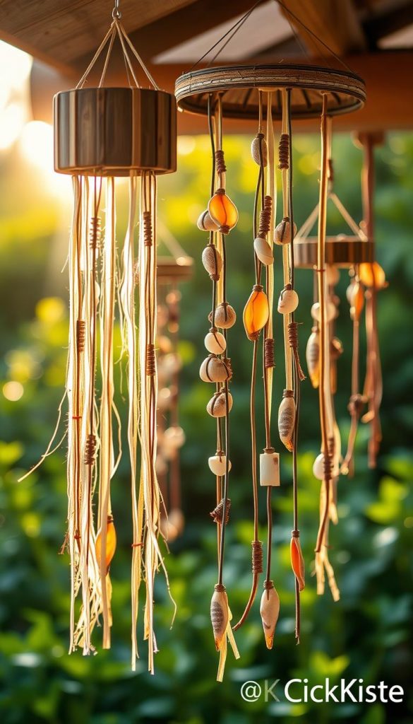 A serene outdoor scene featuring an array of beautifully crafted wind chimes made from natural materials like bamboo, seashells, and twigs. In the foreground, a close-up of a wooden wind chime with delicate strands gently swaying in a soft breeze. The middle ground showcases several other wind chimes hanging from a rustic wooden beam, filled with vibrant colors and textures, glistening under warm, golden sunlight. The background features a lush green garden with soft-focus foliage, creating an inviting and tranquil atmosphere. The lighting is warm and soft, reminiscent of a late afternoon glow, enhancing the natural palette of browns, greens, and muted pastels. The image reflects a peaceful and inspiring DIY vibe, perfect for showcasing nature-inspired decoration. Include the brand "KlickKiste" subtly in the corner, ensuring it blends harmoniously with the scene. A serene outdoor scene featuring an array of beautifully crafted wind chimes made from natural materials like bamboo, seashells, and twigs. In the foreground, a close-up of a wooden wind chime with delicate strands gently swaying in a soft breeze. The middle ground showcases several other wind chimes hanging from a rustic wooden beam, filled with vibrant colors and textures, glistening under warm, golden sunlight. The background features a lush green garden with soft-focus foliage, creating an inviting and tranquil atmosphere. The lighting is warm and soft, reminiscent of a late afternoon glow, enhancing the natural palette of browns, greens, and muted pastels. The image reflects a peaceful and inspiring DIY vibe, perfect for showcasing nature-inspired decoration. Include the brand "KlickKiste" subtly in the corner, ensuring it blends harmoniously with the scene.