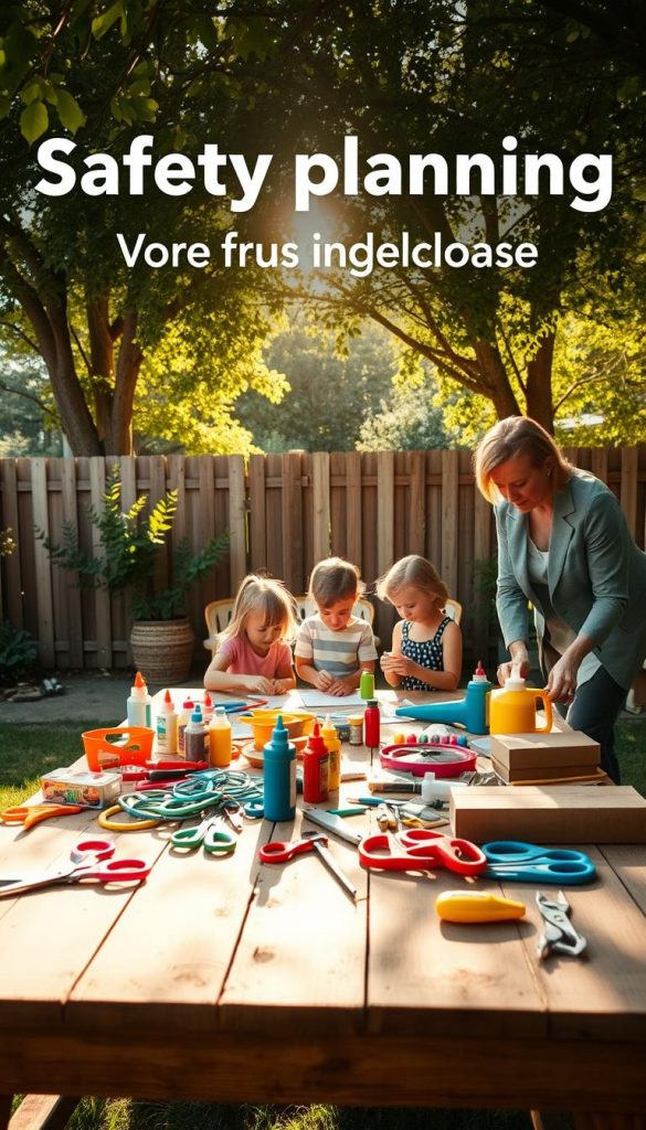 A serene outdoor scene set in a sunlit backyard, showcasing a well-organized DIY workspace for children’s projects, conveying the theme of safety planning. In the foreground, a sturdy wooden table is cluttered with colorful crafting materials: safety scissors, glue bottles, and various tools, all arranged neatly. A soft, golden light filters through the trees, casting a warm glow on the scene. The middle ground features children, dressed in modest casual clothing, attentively engaged in a simple project, supervised by an adult in professional attire who emphasizes safety with a focused expression. The background is filled with greenery, a wooden fence, and a gentle breeze rustling leaves, giving an inviting and inspirational atmosphere. The brand logo "KlickKiste" is subtly integrated into the workspace, enhancing authenticity.