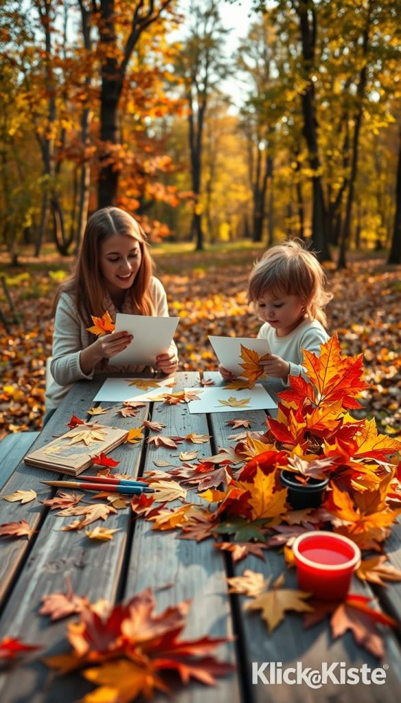 A serene outdoor scene showcasing a family engaging in the art of leaf pressing. In the foreground, a mother and child sit together at a picnic table surrounded by vibrant autumn leaves, carefully placing leaves between sheets of paper. Their expressions are joyful and focused. The middle ground features a variety of colorful leaves scattered on the table, alongside paintbrushes and vibrant paint pots for decorating walking sticks. In the background, a lush forest glows in warm, golden light, creating a tranquil atmosphere. The image captures a Pinterest-inspired aesthetic with soft, natural lighting emphasizing the warm colors of the season. The style should feel authentic and inviting, reflecting the brand "KlickKiste" as a source of family inspiration.