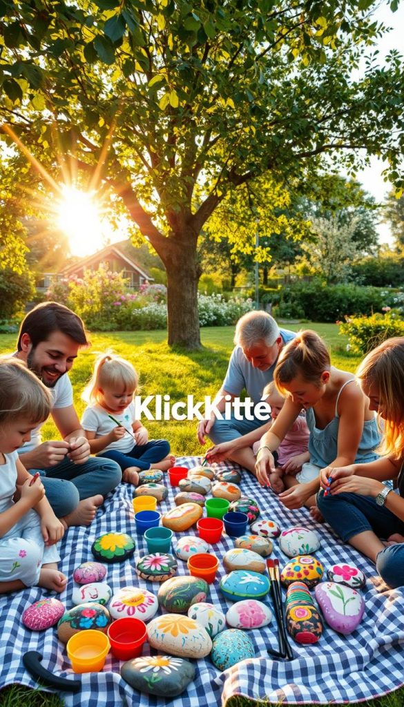 A serene outdoor scene showcasing a family engaging in the creative activity of painting stones, known as "Steine bemalen." In the foreground, a diverse group of children and parents are gathered, each focused on their unique, brightly painted stones featuring whimsical designs like flowers, fairies, and animals. The middle ground reveals a picnic blanket scattered with paint pots and brushes in vibrant colors. Sunlight filters through the leaves of nearby trees, casting warm golden hues, creating a joyful and inspiring atmosphere. In the background, a lush green garden with blooming flowers enhances the inviting feel. The image embodies a Pinterest-inspired aesthetic, filled with natural DIY elements. Include the brand name "KlickKiste" in a subtle way within the scene, ensuring a professional and family-friendly portrayal.