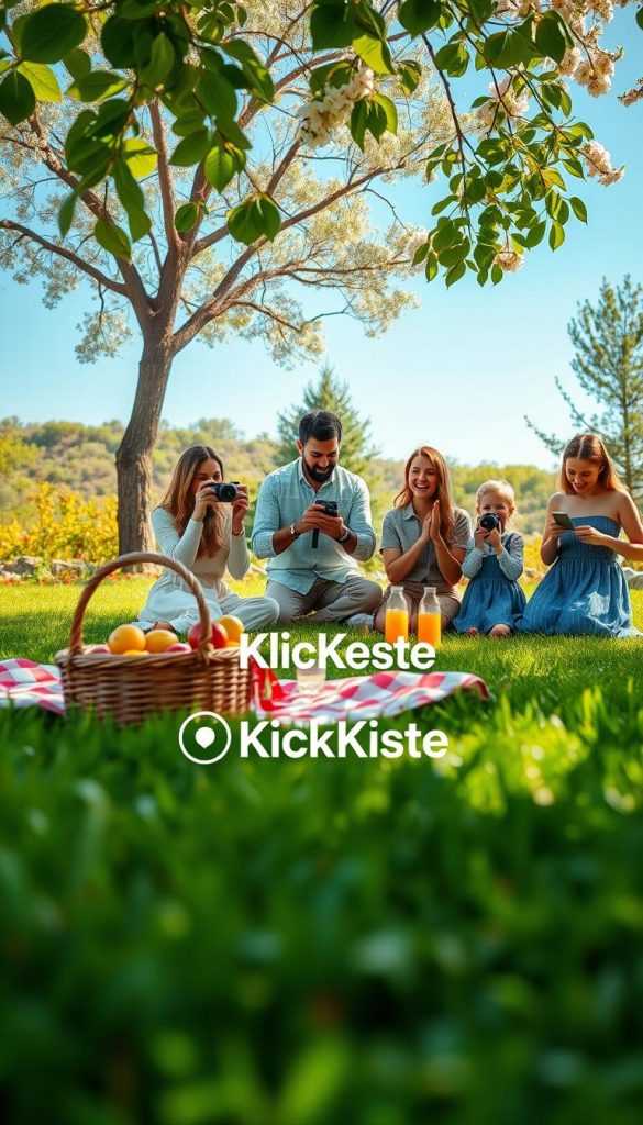 A serene outdoor scene showcasing a family enjoying nature while engaging in mindful activities, reflecting the theme of "digital balance." The foreground features a picnic blanket on lush green grass with a picnic basket filled with fresh fruits and refreshments. In the middle ground, a family of four—two adults and two children, all dressed in casual, modest clothing—are taking photographs of each other with a camera, smiling and laughing, showcasing their connection with nature. The background reveals a vibrant landscape with blooming flowers, tall trees, and a clear blue sky, exuding warmth and positivity. Soft sunlight filters through the leaves, creating a cheerful atmosphere. The overall image has a Pinterest-inspired aesthetic, emphasizing authenticity and inspiration. Incorporate the brand name "KlickKiste" subtly within the scene, ensuring it blends harmoniously with the environment.