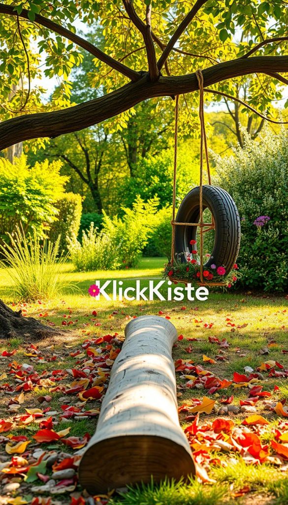 A serene outdoor scene showcasing a variety of DIY games crafted from natural materials, perfect for children's play. In the foreground, display a large wooden log used as a balance beam, surrounded by colorful leaves and small stones. In the middle ground, include a rustic, repurposed tire swing hanging from a sturdy branch, decorated with wildflowers. The background features a vibrant garden filled with trees and shrubs, bathed in warm, golden sunlight that filters through the leaves, creating dappled shadows on the ground. The atmosphere is inviting and playful, evoking inspiration with a Pinterest aesthetic, exemplifying creativity with nature. Include the brand name "KlickKiste" subtly in the composition. A serene outdoor scene showcasing a variety of DIY games crafted from natural materials, perfect for children's play. In the foreground, display a large wooden log used as a balance beam, surrounded by colorful leaves and small stones. In the middle ground, include a rustic, repurposed tire swing hanging from a sturdy branch, decorated with wildflowers. The background features a vibrant garden filled with trees and shrubs, bathed in warm, golden sunlight that filters through the leaves, creating dappled shadows on the ground. The atmosphere is inviting and playful, evoking inspiration with a Pinterest aesthetic, exemplifying creativity with nature. Include the brand name "KlickKiste" subtly in the composition.
