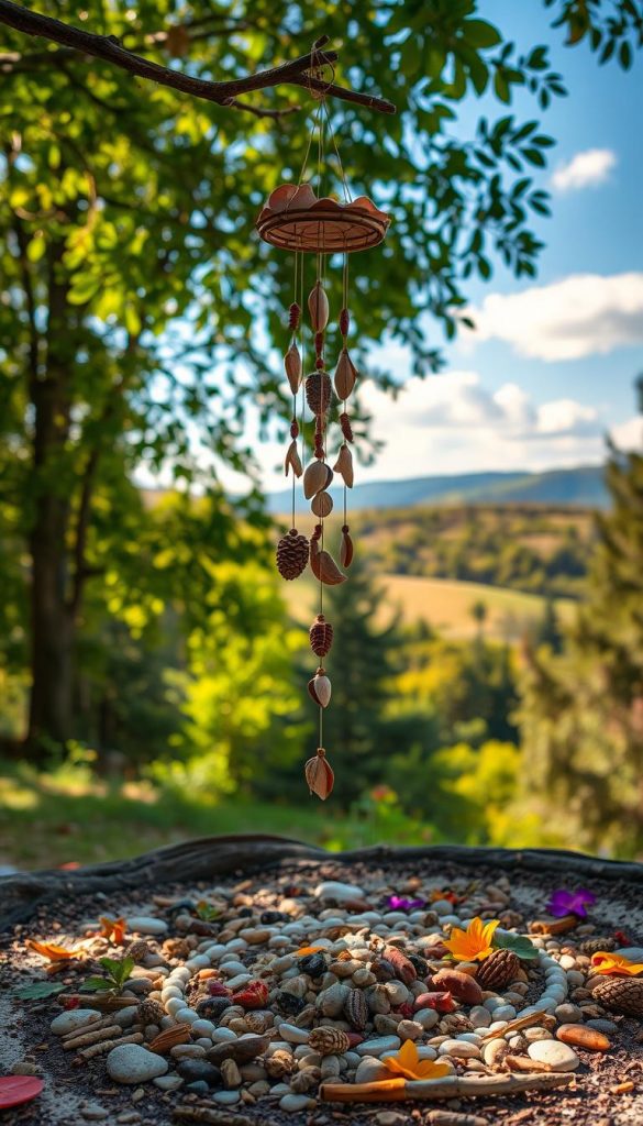 A serene outdoor scene showcasing a variety of natural materials artfully arranged. In the foreground, a colorful wind chime made of twigs, leaves, and shells hangs delicately from a tree branch, gently swaying in the breeze. Surrounding it, a vibrant nature mandala created from pebbles, flowers, and pinecones sprawls across the ground, showcasing intricate patterns. The middle ground features a lush, green forest with dappled sunlight filtering through the leaves, casting warm tones and creating a peaceful atmosphere. In the background, soft hills roll under a blue sky with a few fluffy clouds. The composition feels inviting and inspiring, styled with a Pinterest aesthetic. The image reflects the brand "KlickKiste" with warm colors and an earthy, organic vibe. No text or logos present.