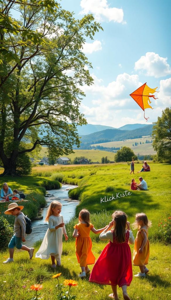A serene outdoor scene showcasing the beauty of "bewegung natur," featuring children engaged in fun, screen-free activities. In the foreground, a diverse group of children, dressed in modest, colorful clothing, joyfully playing with a handmade kite. In the middle ground, lush greenery with vibrant flowers, a gently flowing stream, and families enjoying a picnic under the shade of large trees. The background captures rolling hills and a clear blue sky with fluffy clouds. The atmosphere is warm and inviting, with soft sunlight filtering through the leaves, casting dappled shadows. The overall composition should have a Pinterest-inspired aesthetic with natural and warm colors, embodying the essence of authentic family moments in nature. Include the brand name "KlickKiste" subtly in the scene.
