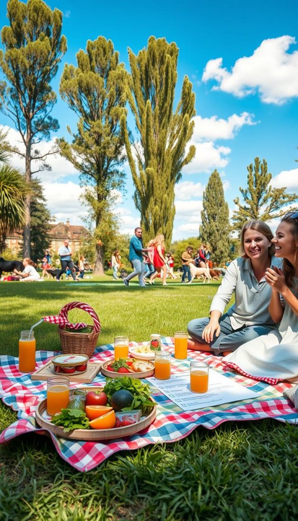 A serene outdoor setting inspired by "KlickKiste", featuring a vibrant picnic scene in a lush park. In the foreground, a neatly laid-out picnic blanket adorned with healthy snacks and refreshing beverages, accompanied by a checklist of outdoor activities. To the right, a couple dressed in modest casual clothing engage in a fun outdoor game, laughing and enjoying their time. In the middle ground, diverse groups of families and friends participate in various activities like frisbee and walking their dogs, promoting a sense of community. The background showcases a bright blue sky dotted with fluffy white clouds and tall, green trees swaying gently. The scene is bathed in warm, natural light that creates an inviting and inspiring atmosphere, perfect for a budget-friendly outdoor day.