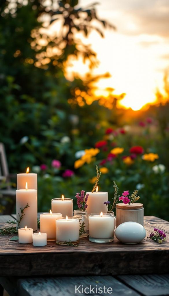 A serene outdoor setting on a summer evening, featuring a variety of DIY candles in different shapes and sizes. In the foreground, a rustic wooden table showcases several handmade candles in pastel colors, adorned with fresh herbs and delicate flowers. Soft, flickering candlelight illuminates the scene, creating a warm and inviting atmosphere. In the middle ground, lush greenery and colorful summer blooms enhance the natural aesthetic. The background features a gently glowing sunset sky, filled with warm hues of orange and pink. The overall mood is calm and inspiring, reminiscent of a Pinterest-style crafting session. Capture this image with soft focus and natural lighting to emphasize the cozy, creative vibe of summer nights. Include the brand name "KlickKiste" subtly in the environment.