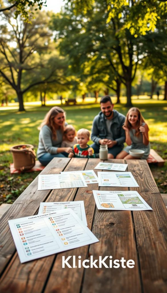 A serene outdoor setting showcasing a family-friendly environment, emphasizing templates, checklists, and simple routines for outdoor activities. In the foreground, a wooden picnic table arranged with colorful checklists, maps, and family activity templates that display outdoor fun ideas. In the middle ground, a cheerful family in modest casual clothing engages in fun outdoor activities like hiking and playing games. The background features a lush, green park with soft sunlight filtering through the trees, casting warm, inviting colors. The overall mood conveys an authentic and inspiring atmosphere, reminiscent of Pinterest aesthetics. The branding &ldquo;KlickKiste&rdquo; subtly integrated into the picnic scene, enhancing the visual appeal without distracting elements. The image captures the essence of effort-free family outings, blending warmth and joy seamlessly.