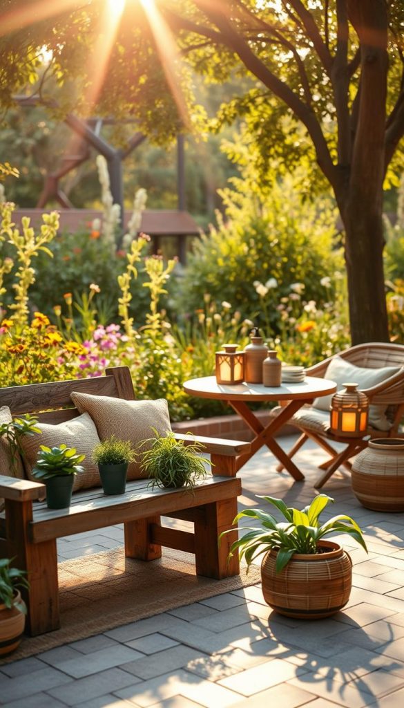 A serene outdoor setting showcasing sustainable materials as decorative elements. In the foreground, a beautifully crafted wooden bench made from reclaimed wood is adorned with vibrant potted plants and natural jute cushions. The middle ground features a charming patio area, with a table made from bamboo surrounded by eco-friendly lanterns, softly glowing in the warm evening light. In the background, a lush garden brimming with wildflowers and greenery creates an inviting atmosphere. The sunlight filters through the trees, casting dappled shadows on the ground, enhancing the inviting and tranquil mood. Capture this scene with a warm, soft focus lens that highlights the textures of the materials and the organic beauty of the environment. This image exudes authenticity and inspiration, perfect for showcasing DIY ideas under the brand "KlickKiste." A serene outdoor setting showcasing sustainable materials as decorative elements. In the foreground, a beautifully crafted wooden bench made from reclaimed wood is adorned with vibrant potted plants and natural jute cushions. The middle ground features a charming patio area, with a table made from bamboo surrounded by eco-friendly lanterns, softly glowing in the warm evening light. In the background, a lush garden brimming with wildflowers and greenery creates an inviting atmosphere. The sunlight filters through the trees, casting dappled shadows on the ground, enhancing the inviting and tranquil mood. Capture this scene with a warm, soft focus lens that highlights the textures of the materials and the organic beauty of the environment. This image exudes authenticity and inspiration, perfect for showcasing DIY ideas under the brand "KlickKiste."