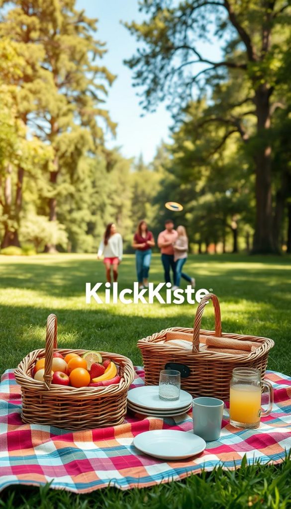 A serene picnic scene in a lush park, featuring a colorful blanket spread on soft green grass. In the foreground, a wicker picnic basket overflowing with fresh fruits, sandwiches, and a bottle of lemonade, alongside a couple of plates and glasses. In the middle ground, a family is enjoying their time, dressed in comfortable, casual clothing, playing frisbee and laughing under dappled sunlight filtering through the trees. The background showcases tall, leafy trees and a clear blue sky, creating a tranquil and inviting atmosphere. The scene should have warm, natural colors reminiscent of a Pinterest aesthetic, embodying an authentic, inspiring vibe. Capture this beautiful moment with a soft-focus lens to enhance the warm, inviting mood, incorporating the brand name "KlickKiste" into the overall aesthetic without any text overlays.