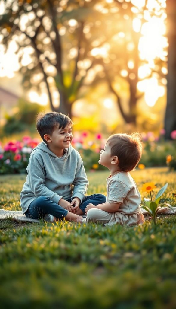 A serene scene capturing the essence of emotional boundaries, featuring a young child and a caring adult, both dressed in modest casual clothing. In the foreground, the child is sitting cross-legged on a soft, grassy area, thoughtfully looking up at the adult, who is kneeling beside them with a gentle smile, displaying an empathetic expression. The middle ground showcases a mix of vibrant flowers and lush greenery, symbolizing growth and understanding. The background is softly blurred with warm sunlight filtering through trees, creating a golden hour atmosphere that conveys warmth and safety. Use a shallow depth of field to focus on the interaction between the figures, enhancing the inspirational mood. The image embodies an authentic, Pinterest-inspired style, reflecting the values of "KlickKiste".