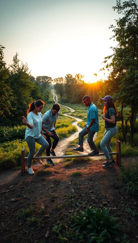 A serene scene depicting a diverse group of people conquering obstacles in a slow-living environment. In the foreground, individuals dressed in modest casual clothing collaborate, one helping another over a low wooden hurdle. The middle ground features lush greenery and a tranquil path winding through nature, symbolizing the journey of overcoming challenges. The background showcases a warm sunset casting golden light through the trees, creating a calming, inspirational atmosphere. Soft focus enhances the natural beauty, and the overall composition reflects an authentic, Pinterest-worthy aesthetic. This image embodies the theme of persistence and tranquility, aligned with the essence of "KlickKiste."