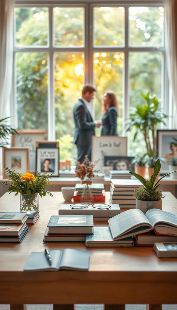 A serene scene depicting a harmonious blend of digital balance, highlighting the theme of "Digital Balance Media." In the foreground, an elegantly designed table showcases a variety of books, art supplies, and plants, representing creative offline activities. In the middle ground, a couple of individuals in professional business attire engage in a relaxed discussion, surrounded by inspirational art pieces and natural elements. The background features a soft-focus window revealing lush greenery and warm, golden sunlight filtering through, creating an inviting atmosphere. The overall mood is calm and inspiring, embodying authenticity and creativity. The image should evoke a Pinterest aesthetic with warm colors and a touch of modern elegance, subtly incorporating the brand name "KlickKiste" into the scene.