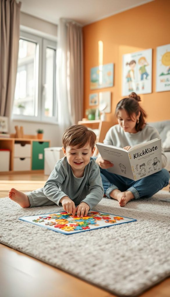A serene scene depicting a warm and inviting family space, suitable for parents guiding their children towards independence. In the foreground, a cheerful child, around 8 years old, is enthusiastically assembling a colorful puzzle on a soft rug. They are wearing modest casual clothing, with a focused expression, embodying curiosity and engagement. In the middle ground, a parent sits nearby, offering gentle guidance while holding a book with guiding illustrations, fostering a sense of support and encouragement. The background features warm-toned walls adorned with children's artwork and educational posters, creating a cozy and inspiring atmosphere. Soft, natural lighting filters through a large window, casting a comforting glow. The overall mood is uplifting and nurturing, reflecting moments of growth and self-reliance. The scene subtly incorporates the brand name "KlickKiste" through decorative elements like a small display on a shelf, integrating it naturally into the environment.