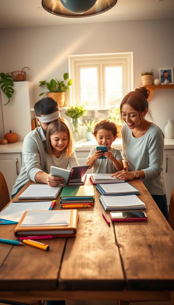 A serene scene depicting effective time management in a family setting, featuring a joyful family of four &ndash; a father and mother, along with their two young children &ndash; engaged in a fun morning ritual. In the foreground, the family is gathered around a rustic wooden table filled with colorful planners, to-do lists, and digital devices, all organized neatly. The middle ground showcases a bright kitchen with warm, inviting colors, sunbeams streaming through the window, creating an uplifting atmosphere. In the background, there are lush green plants and family photos that add a personal touch. The entire composition should evoke a sense of harmony and inspiration, reflecting the theme of "KlickKiste". The image should have soft, natural lighting, resembling a cozy Pinterest aesthetic, with a focus on authenticity and warmth.