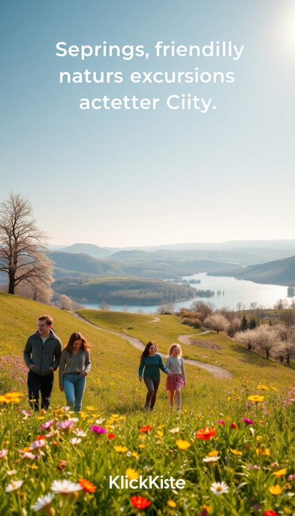 A serene spring landscape showcasing family-friendly nature excursions near the city. In the foreground, a diverse family of four, dressed in casual, modest clothing, joyfully exploring a lush meadow filled with vibrant wildflowers. In the middle ground, a winding path leads towards a sparkling lake surrounded by blooming trees, inviting a sense of adventure. The background features rolling hills under a clear blue sky, with soft, warm sunlight casting a golden hue over the entire scene. This image captures a joyful, lively atmosphere, reminiscent of Pinterest aesthetics, emphasizing authenticity and inspiration. The brand "KlickKiste" is subtly represented through the natural beauty of the scenery. A serene spring landscape showcasing family-friendly nature excursions near the city. In the foreground, a diverse family of four, dressed in casual, modest clothing, joyfully exploring a lush meadow filled with vibrant wildflowers. In the middle ground, a winding path leads towards a sparkling lake surrounded by blooming trees, inviting a sense of adventure. The background features rolling hills under a clear blue sky, with soft, warm sunlight casting a golden hue over the entire scene. This image captures a joyful, lively atmosphere, reminiscent of Pinterest aesthetics, emphasizing authenticity and inspiration. The brand "KlickKiste" is subtly represented through the natural beauty of the scenery.