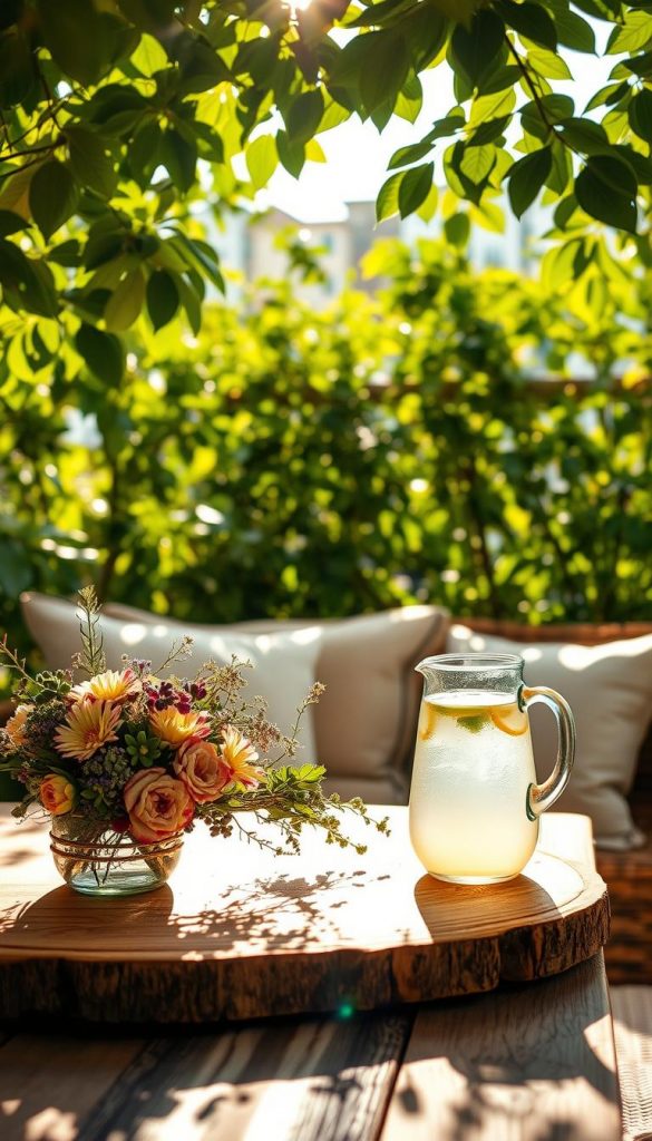 A serene summer afternoon scene featuring warm sunlight filtering through leaves, casting dappled patterns on a rustic wooden table adorned with natural decorations. The foreground showcases a handcrafted centerpiece made of fresh flowers and herbs, capturing the essence of DIY elegance. In the middle ground, soft cushions and a woven blanket beckon for relaxation, while a glass pitcher filled with freshly made lemonade sits invitingly. In the background, lush greenery frames the setting, creating a cozy outdoor nook. The overall atmosphere is warm and inviting, radiating comfort and a sense of tranquility. The image is styled for a Pinterest aesthetic, embodying the brand "KlickKiste" with natural, uplifting colors and an authenticity that inspires summer gatherings.