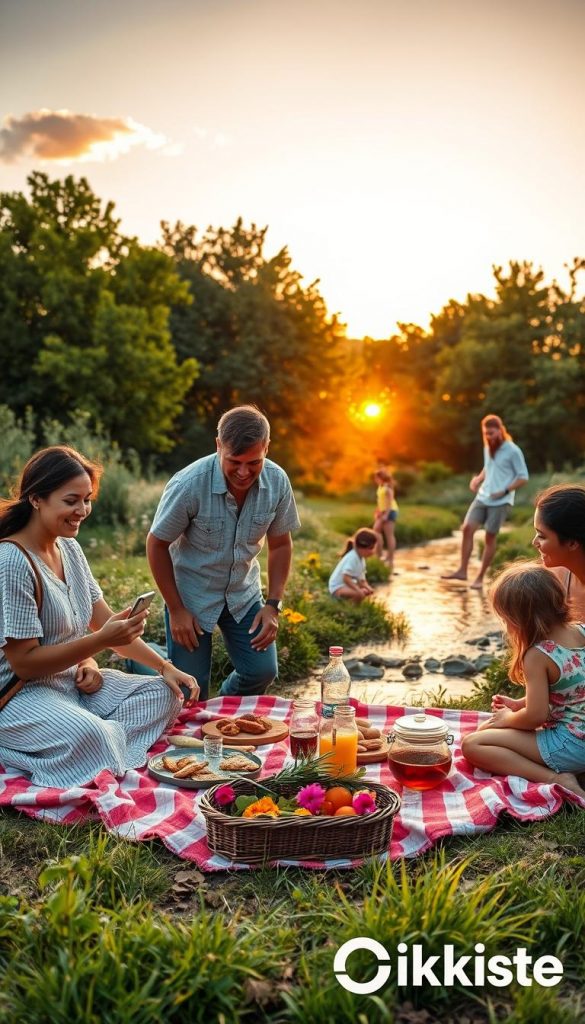 A serene summer evening scene showcasing a family enjoying nature while being mindful of weather conditions. In the foreground, a diverse group of four family members, dressed in modest casual clothing, is gathered around a picnic blanket spread with snacks and drinks. They are smiling, glancing at a weather app on a smartphone to ensure safety. In the middle ground, children are playing near a gentle stream, with colorful flowers lining the banks, while an adult oversees them. The background features lush green trees under a soft golden sunset, casting warm light across the landscape. A clear sky with a few fluffy clouds enhances the atmosphere of warmth and safety, evoking a peaceful summer evening for family activities. The image should reflect a Pinterest aesthetic, authentic and inspiring, branded subtly with "KlickKiste" in the corner.