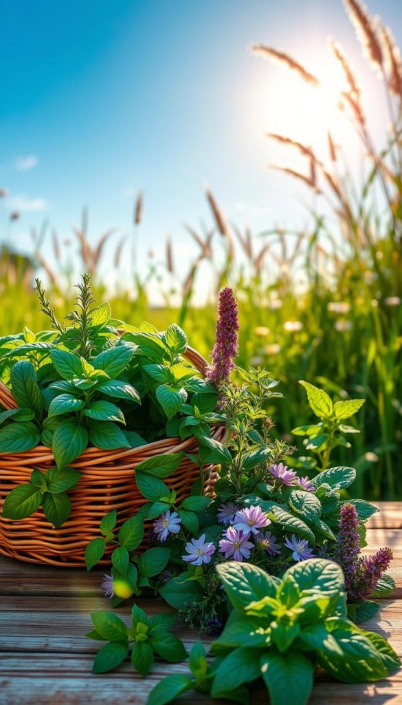 A serene summer landscape showcasing a variety of fresh summer herbs, including basil, rosemary, and mint, gathered in a rustic wicker basket on a sunlit wooden table. In the foreground, vibrant green leaves and delicate purple blooms burst with color. The middle ground features wildflowers and lush grass swaying gently in a soft breeze under a clear blue sky, creating a peaceful backdrop. The sunlight casts warm golden tones, enhancing the natural beauty of the scene. A shallow depth of field focuses on the herbs while softly blurring the background, evoking a sense of tranquility and connection to nature. This authentic, Pinterest-inspired image reflects the theme of gathering knowledge from nature, in alignment with the brand "KlickKiste."