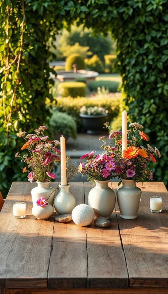 A serene summer nature decor arrangement, embodying the essence of "Kunstwerk." In the foreground, a beautifully crafted wooden table is adorned with vibrant wildflowers in pastel vases, interspersed with decorative stones and candles, creating inviting focal points. The middle ground features lush greenery, with cascading vines and rich textured foliage that adds proportion and rhythm to the composition. In the background, a soft-focus view of a sunlit garden evokes a warm, tranquil atmosphere. The lighting is golden and soft, reminiscent of late afternoon sun, casting gentle shadows. Capture this scene from an overhead angle to emphasize the layout, while maintaining an authentic and inspiring Pinterest aesthetic suitable for DIY enthusiasts.
