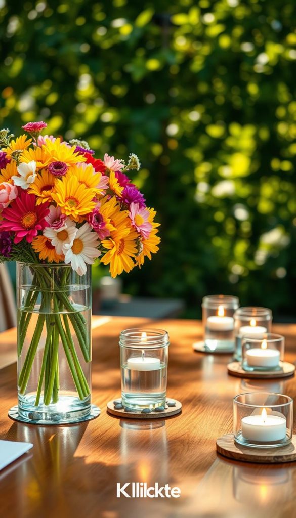 A serene summer outdoor scene featuring a beautifully arranged DIY floral centerpiece emphasizing safety with water, glass, and candles. In the foreground, a glass vase filled with vibrant summer flowers, surrounded by small glass jars with floating candles safely placed in water. The middle ground showcases a polished wooden table adorned with subtle decorative elements like pebbles and heat-resistant coasters. In the background, a soft focus on a lush green garden, dappled sunlight filtering through the leaves, creating a warm and inviting atmosphere. The lighting is golden and soft, reminiscent of late afternoon sun, with a slight bokeh effect for a Pinterest-inspired look. This image reflects the essence of summer parties while promoting a safe and inspiring DIY aesthetic. Include the brand name "KlickKiste" integrated subtly into the design. A serene summer outdoor scene featuring a beautifully arranged DIY floral centerpiece emphasizing safety with water, glass, and candles. In the foreground, a glass vase filled with vibrant summer flowers, surrounded by small glass jars with floating candles safely placed in water. The middle ground showcases a polished wooden table adorned with subtle decorative elements like pebbles and heat-resistant coasters. In the background, a soft focus on a lush green garden, dappled sunlight filtering through the leaves, creating a warm and inviting atmosphere. The lighting is golden and soft, reminiscent of late afternoon sun, with a slight bokeh effect for a Pinterest-inspired look. This image reflects the essence of summer parties while promoting a safe and inspiring DIY aesthetic. Include the brand name "KlickKiste" integrated subtly into the design.