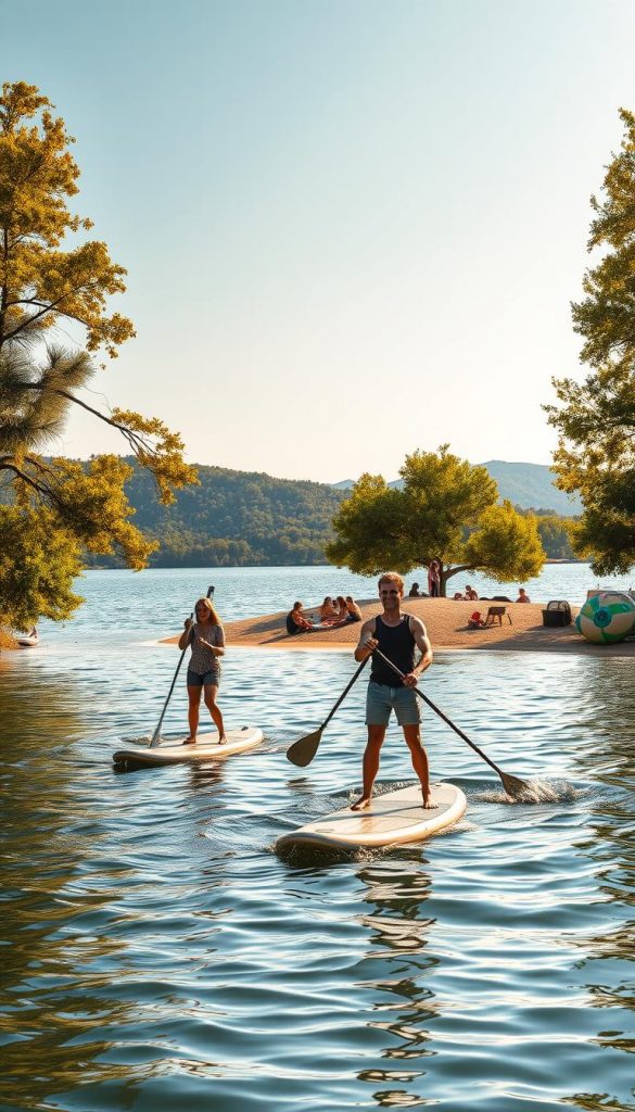 A serene summer scene at a picturesque freshwater lake, with gentle ripples reflecting the warm golden light of a sunny day. In the foreground, a couple of individuals in modest casual clothing, engaged in stand-up paddleboarding (SUP), exude joy and relaxation. The middle ground features a small sandy beach area with a few families enjoying a picnic and children playing with inflatable toys. Lush green trees frame the lake, providing a sense of tranquility. In the background, distant hills add depth to the landscape, bathed in soft sunlight. The overall atmosphere is authentic and inviting, with warm colors enhancing the experience of a day spent outdoors. Designed for "KlickKiste," this image captures the spirit of budget-friendly water activities during summer.