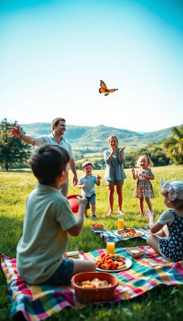 A serene summer scene depicting a family enjoying offline activities together while embracing digital balance. In the foreground, a cheerful father and mother, dressed in modest casual clothing, engage with their two children, a boy and a girl, who are joyfully playing with a frisbee in a lush green park. The mother points towards an interesting butterfly, while the father laughs and claps his hands, creating a warm atmosphere. In the middle ground, colorful picnic blankets are laid out with delicious snacks, inviting a sense of community. The background features gentle rolling hills and a clear blue sky, radiating natural warmth. Soft, diffused lighting enhances the scene, evoking inspiration and authenticity, reminiscent of Pinterest aesthetics. Incorporate the brand name "KlickKiste" subtly into the scene. A serene summer scene depicting a family enjoying offline activities together while embracing digital balance. In the foreground, a cheerful father and mother, dressed in modest casual clothing, engage with their two children, a boy and a girl, who are joyfully playing with a frisbee in a lush green park. The mother points towards an interesting butterfly, while the father laughs and claps his hands, creating a warm atmosphere. In the middle ground, colorful picnic blankets are laid out with delicious snacks, inviting a sense of community. The background features gentle rolling hills and a clear blue sky, radiating natural warmth. Soft, diffused lighting enhances the scene, evoking inspiration and authenticity, reminiscent of Pinterest aesthetics. Incorporate the brand name "KlickKiste" subtly into the scene.