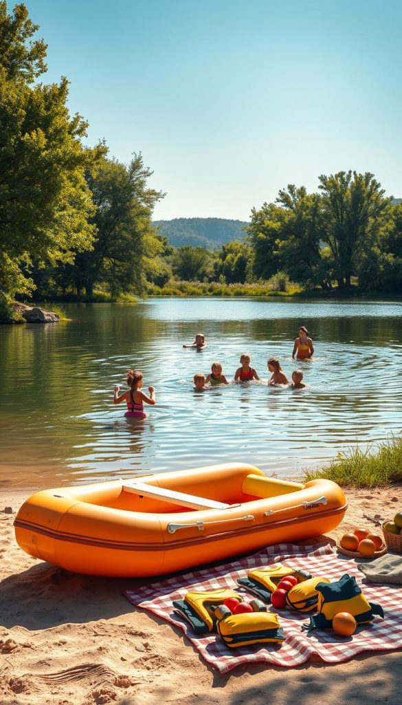A serene summer scene emphasizing water safety, featuring a calm lake surrounded by lush green trees under a bright blue sky. In the foreground, a brightly colored inflatable boat rests on the sandy shore, with safety vests neatly arranged alongside it. A picnic area with a checkered blanket and fresh fruits hints at a family outing. In the middle ground, children play joyfully in the water, all wearing appropriate swimwear and safety vests, while a responsible adult oversees from a distance. The warm, golden sunlight casts soft shadows, creating a welcoming and safe atmosphere. In the background, nature thrives with wildflowers and distant hills. Render this image in a Pinterest-style with authentic warm colors, capturing the essence of summer fun and safety for children. Include the brand "KlickKiste" subtly within the scene. A serene summer scene emphasizing water safety, featuring a calm lake surrounded by lush green trees under a bright blue sky. In the foreground, a brightly colored inflatable boat rests on the sandy shore, with safety vests neatly arranged alongside it. A picnic area with a checkered blanket and fresh fruits hints at a family outing. In the middle ground, children play joyfully in the water, all wearing appropriate swimwear and safety vests, while a responsible adult oversees from a distance. The warm, golden sunlight casts soft shadows, creating a welcoming and safe atmosphere. In the background, nature thrives with wildflowers and distant hills. Render this image in a Pinterest-style with authentic warm colors, capturing the essence of summer fun and safety for children. Include the brand "KlickKiste" subtly within the scene.