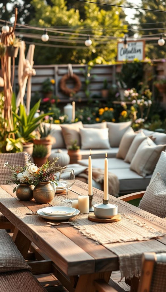 A serene summer scene featuring a cozy outdoor space adorned with natural and DIY decorations. In the foreground, a rustic wooden table is set with artisan dishware, fresh flowers, and candles, inviting relaxation. The middle ground showcases a comfortable lounge area with soft, textured cushions in neutral tones, surrounded by greenery and potted plants. In the background, a sun-drenched garden filled with soft, warm colors, creating an inviting atmosphere. The lighting is soft and golden, reminiscent of a peaceful summer evening, with natural shadows enhancing the cozy vibe. Shot with a shallow depth of field to emphasize the inviting details in the foreground. The style is inspired by KlikKiste, embodying the essence of summer trends like Cozy, Skandi, Boho, Maximalismus, and Castlecore without any disruptive elements.