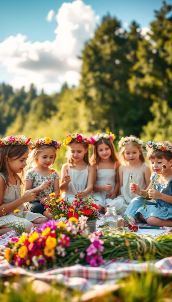 A serene, sunlit outdoor scene showcasing a family crafting floral crowns (Blumenkr&auml;nze) and sun wands (Sonnenst&auml;be) together in nature. In the foreground, a diverse group of children and adults, dressed in comfortable, modest summer attire, are surrounded by vibrant wildflowers and greenery. The middle ground features an array of colorful, freshly picked flowers, alongside woven greenery, while a picnic blanket is spread out with crafting supplies. The background is a soft blur of a splendid, green forest and a bright blue sky with fluffy white clouds, enhancing the warm and inviting atmosphere. The lighting is golden hour, creating a dreamy effect with warm colors that evoke feelings of joy and togetherness. This image embodies the natural, authentic aesthetic associated with &ldquo;KlickKiste.&rdquo;