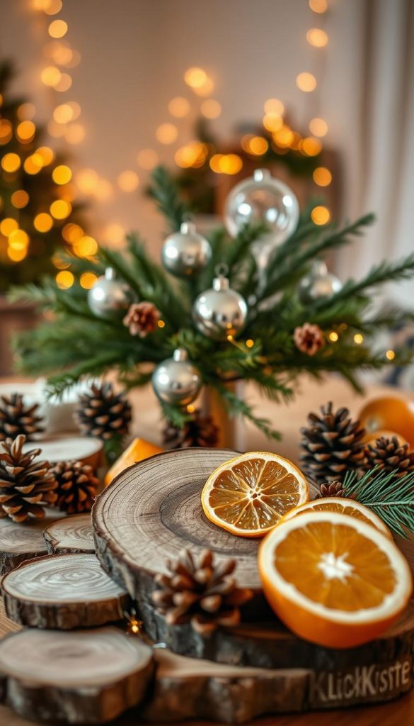 A serene tabletop arrangement showcasing a harmonious combination of natural materials for sustainable Christmas decorations, branded with "KlickKiste". In the foreground, various textures of wood slices, pinecones, and dried oranges create a warm and inviting focal point. The middle ground features a delicate arrangement of evergreen branches interspersed with elegant glass ornaments, softly reflecting light. In the background, a subtle, blurred scene of a cozy room decorated with warm white lights enhances the festive atmosphere, invoking a sense of tranquility and inspiration. The lighting is soft and warm, resembling a late afternoon glow, using a shallow depth of field to draw attention to the harmonious balance of colors and materials. The overall mood is simple yet chic, embodying a Pinterest-inspired aesthetic that feels both authentic and uplifting.