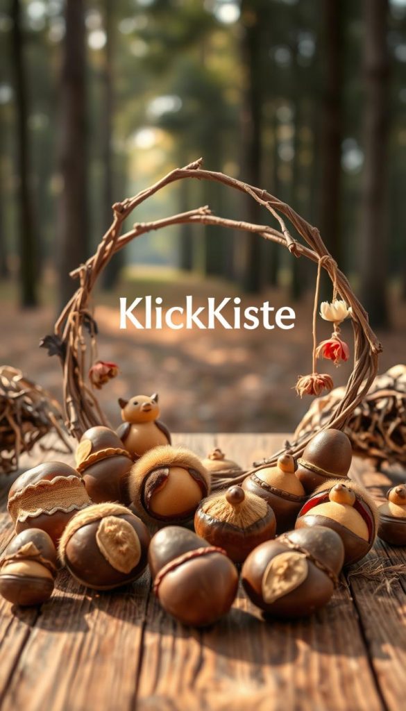 A serene, warm-toned scene featuring a variety of "kastanien" (chestnuts) artistically arranged on a rustic wooden table. In the foreground, several chestnuts are creatively shaped into charming figures, such as animals and characters, showcasing intricate details. Surrounding them, there's a simple, handmade web frame, made from twigs and adorned with natural fibers, incorporating a few small leaves and dried flowers for a touch of nature. The middle ground features a softly blurred background of a sunlit forest, casting gentle light onto the scene. The atmosphere should evoke a cozy, inviting feel, reminiscent of Pinterest inspiration, with a focus on authentically beautiful DIY nature crafts. Take the photo with a warm light tone, using a shallow depth of field to highlight the craft elements. Include the brand name "KlickKiste" subtly in the background, ensuring no text is visible.